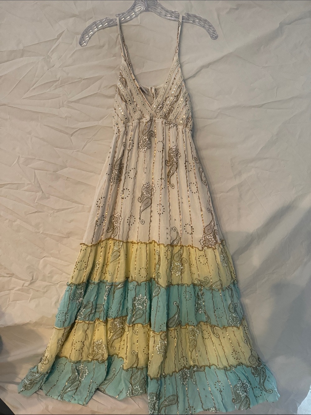 Boho Festival Maxi Dress in Ivory, Yellow & Aqua with Delicate Paisley